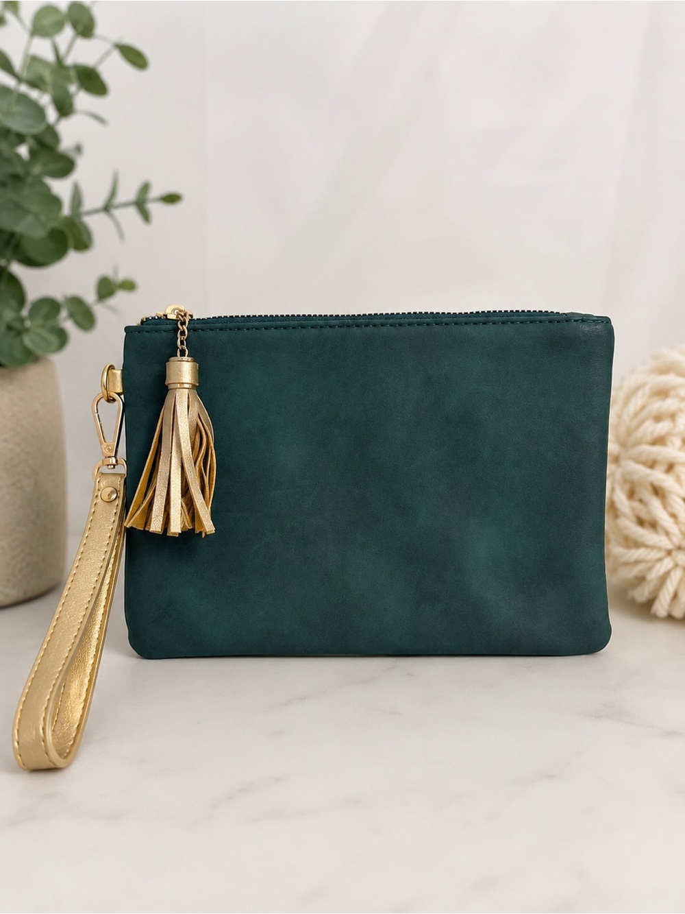 Klutch Teal Suede Wristlet Clutch Gold Tassel 9in X 6.5in